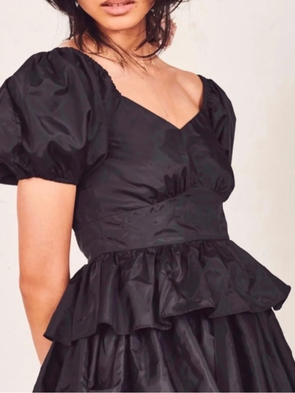 LOVESHACKFANCY Black Puff-Sleeve Peplum Top